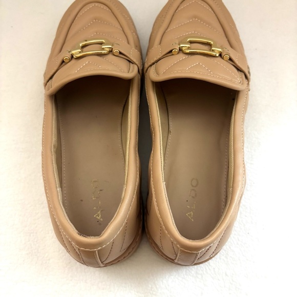 Aldo Tan Quilted W/ Gold Buckle Almond Toe Comfort Loafer Shoe (8) - Picture 10 of 12
